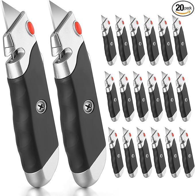 DIYSELF 20 Pack Box Cutter, Rubber Handle Utility Knife, Box Cutter Retractable Heavy Duty, Box Cutters Knife for Boxes, Cardboard, SK5 Steel Blades, Razon knife for Warehouse, Home