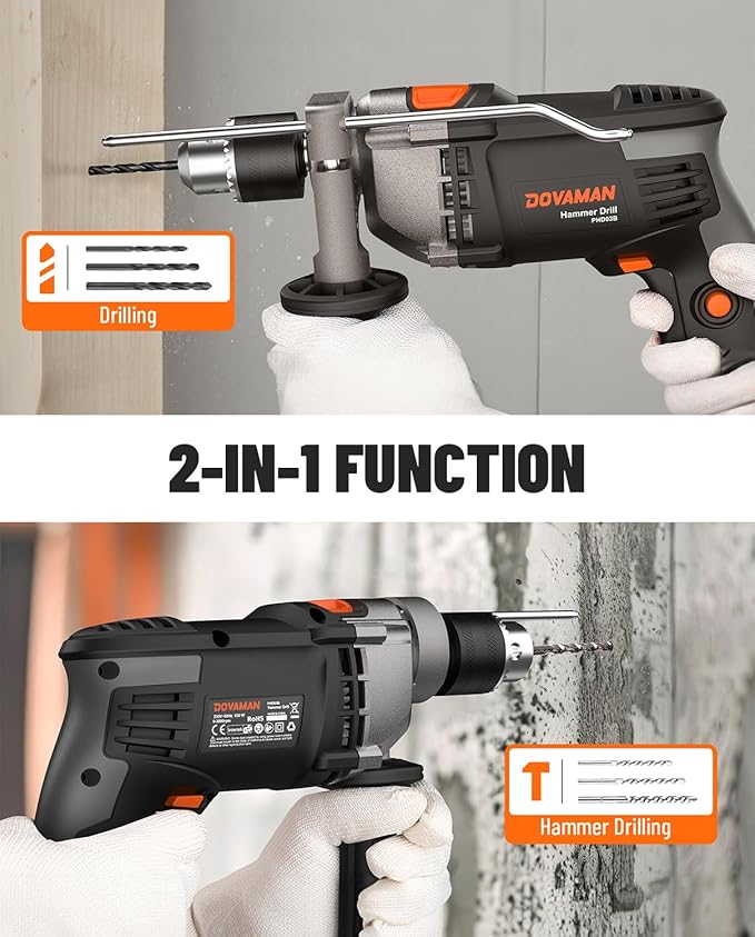 DOVAMAN 7.5A Corded Hammer Drill, 1/2'' Impact Drill with Variable Speed 0–3000RPM, Metal Chuck, 2 Modes for Concrete, Wood, Metal – Includes Bits & Carrying Case-PHD03B