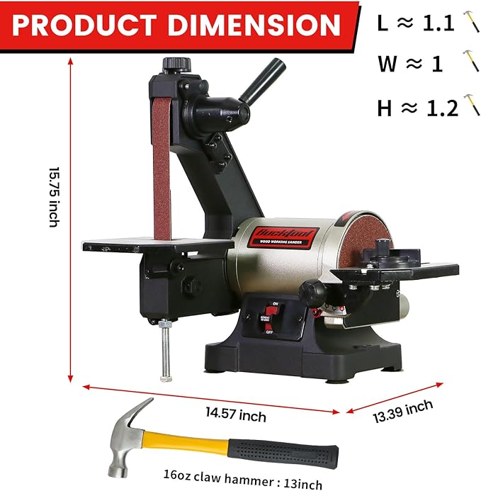 Bucktool 1x30 Inch Bench Belt Sander with 5 Inch Disc with Wrench Storage and Easy Belt Cover Off, 1/3HP Direct Drive Benchtop Belt Disc Sander