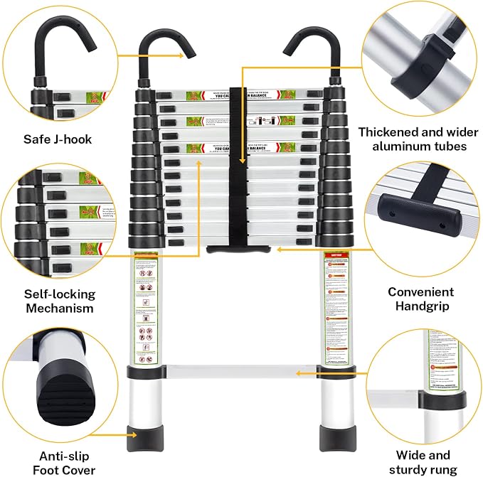 RIKADE Telescopic Ladder, 16.5 ft Aluminum Telescoping Ladder with Stable Hook and Non-Slip Feet, Portable Extension Ladder for Household and Outdoor Working, Max Load 330 lb, Aluminum