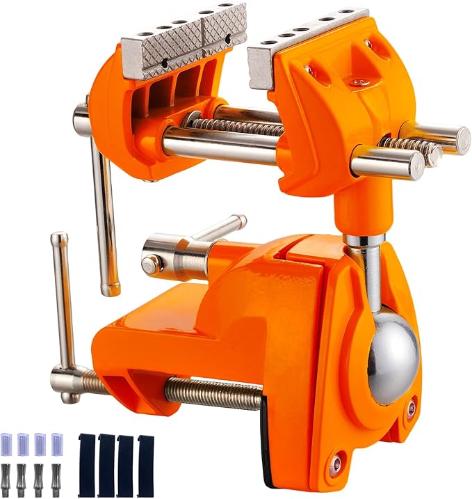 Bench Vise, 360° Swiveling Articulating Vise, Clamp-On Vise for Workbench, Cast Steel Table Clamp Vise, Pipe Vise, Bench Vice for Woodworking, DIY, Drilling, Sawing, Metal Working, Orange