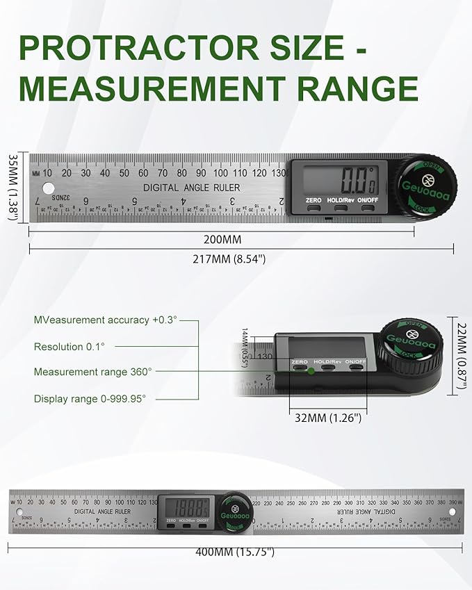 Digital Angle Finder Tool, Protractor Stainless Steel 7inch/200mm, 2 Batteries Angle Gauge Woodworking Tool for Carpenter Construction Diy Measuring