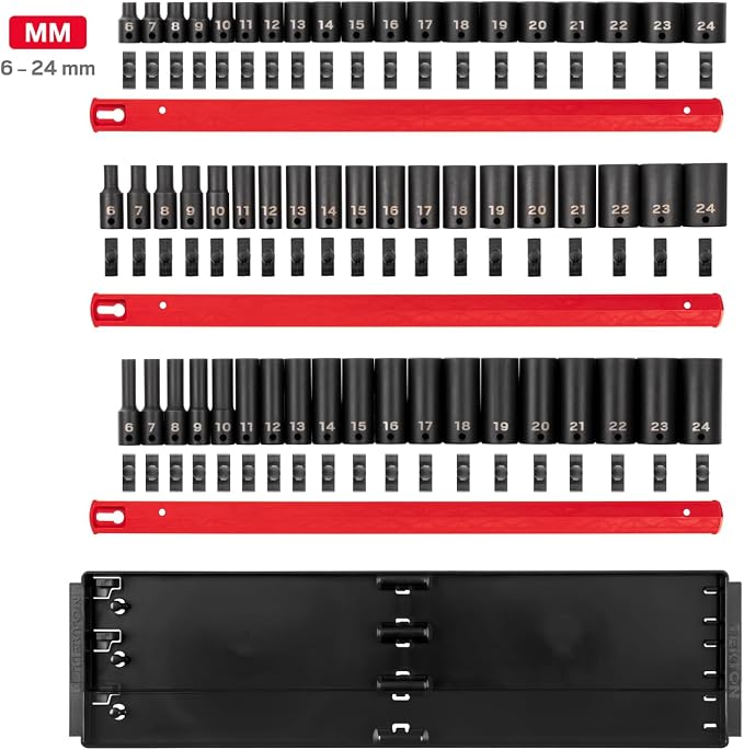 TEKTON 3/8 Inch Drive Impact Socket Set, 57-Piece | SID91121 | (6 - 24 mm), Shallow, Semi-Deep, and Deep, 6-Point, Socket Rail