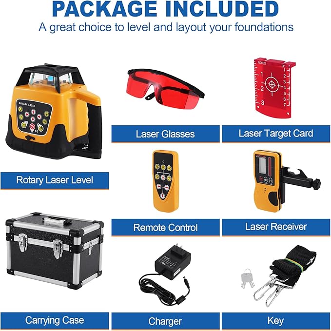 Rotary Laser Level Kit, 360 Degree Automatic Self Leveling Red Beam Horizontal Laser Transit, 500m Working Range for Construction & Building