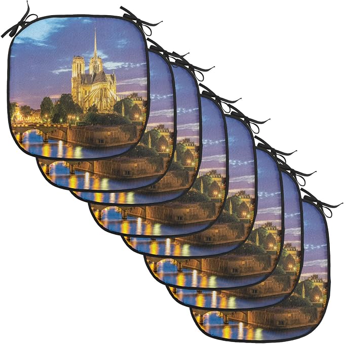 Lunarable Paris Chair Cushion Pads Set of 8, Notre Dame at Dusk Paris France Riverside Scenery Water Reflection, Anti-Slip Seat Padding for Kitchen & Patio, 16"x16", Yellow Brown Blue