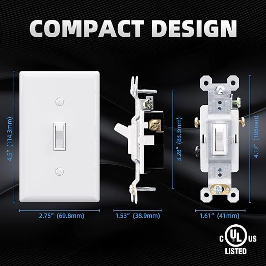 ELEGRP 3 Way Toggle Light Switch with Plate, 15 Amp, 120 V, Toggle Framed AC Quiet Switch, in Wall On/Off Switch, Self-Grounding, Residential and Commercial Grade, UL Listed (5 Pack, Glossy White)