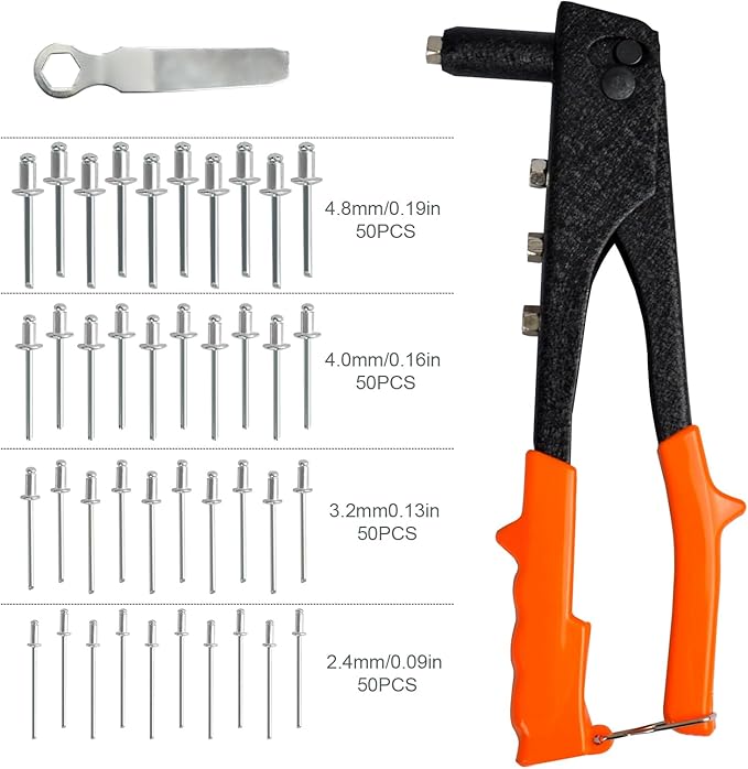 Rivet Gun, Manual Pop Rivet Gun with 4 Replaceable Nosepieces & 200 PCS Rivets, Hand Riveter for Automotive, Furniture, DIY & Metal Working