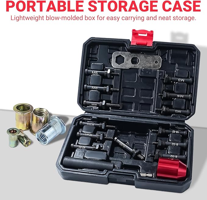 Drill Adapter Tool Kit, Cordless Rivnut Tool Gun with 13 Mandrels & 290 Rivet Nuts, Compatible with Cordless Drill & Ratchet Wrench, Metric & SAE Sizes Rugged Storage Case Included