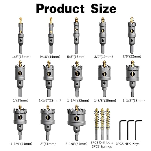 19 PCS (1/2" to 2-1/8") Carbide Hole Saw Kit for Metal - Heavy Duty TCT Hole Cutter Drill Bits Set with Titanium Pilot & L-Wrench, for Stainless Steel/Iron/Aluminum | Metal|