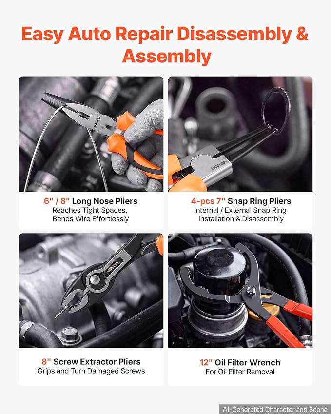 VEVOR Pliers Set 20-Piece Utility Set Polished Carbon Steel Jaw Hand Tools | For DIY & Home Use, Long Nose, Locking, Diagonal, Groove Joint, Snap Ring, Slip Joint Pliers, with 2-Pack Organizer Rack