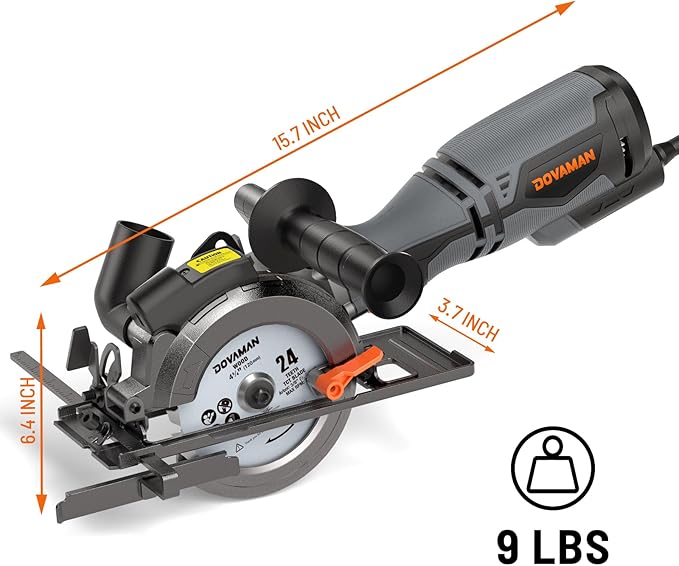 DOVAMAN Circular Saw, 5.8A 4-1/2" Circular Saw w/Laser, Metal Auxiliary Handle, 6 Blades (4½", 4¾"), Cutting Depth 1-11/16" (90°), 1-3/8" (45°), Ideal for Wood, Soft Metal, Plastic, Tile - MCS01A