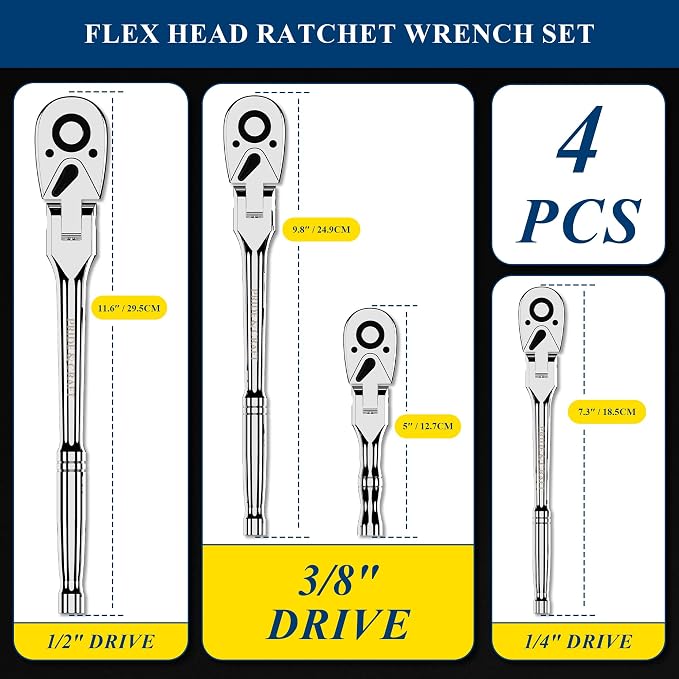 PRIDE&CRAFT 4-Piece Flex Head Ratchet Set, 1/4", 3/8", 1/2" Drive, 3/8" Stubby, 72-Tooth, Socket Wrench Quick Release Reversible Design, Swivel Head Ratchet, Chrome Alloy Made, EVA Organizer
