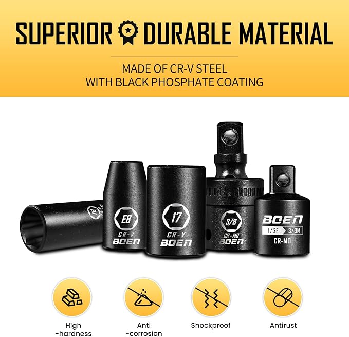 BOEN 3/8" Drive Impact Socket Set, 59-Piece Standard SAE (5/16 to 3/4 inch) and Metric (6-22mm), Include 9-Piece E-Torx Socket Set (E5-E16) 丨Ratchet Handle, Extension Bar, Universal Joint, Adapter