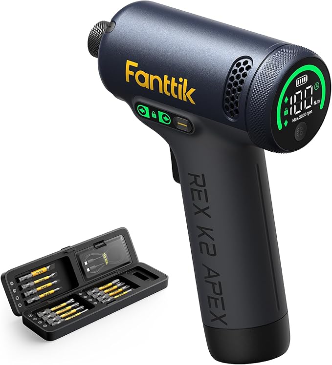 Fanttik REX K2 APEX Impact Driver, Brushless Impact Driver, 1/4'' Hex, Max. 100 N·m Torque, Max. 3000 RPM, 3000mAh Rechargeable Battery, Tool Kit for Cabinet Assembly, Woodworking DIY Projects