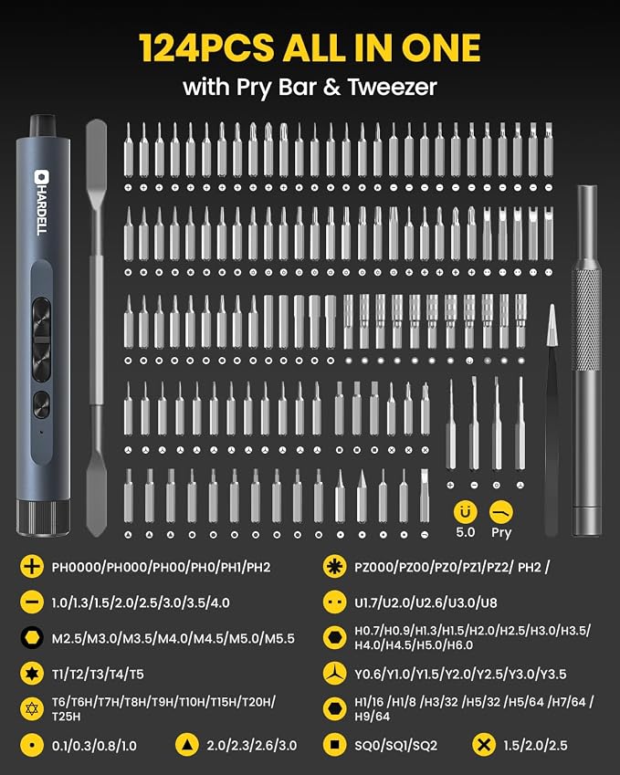 Electric Screwdriver, HARDELL Mini Electric Screwdriver 4V with 123 Power Screwdriver Accessories, Max 0.4N.m, 350mAh, 5/32'' Hex, Precision Repair Tool Kit for Electronics Phone Camera Laptop Watch