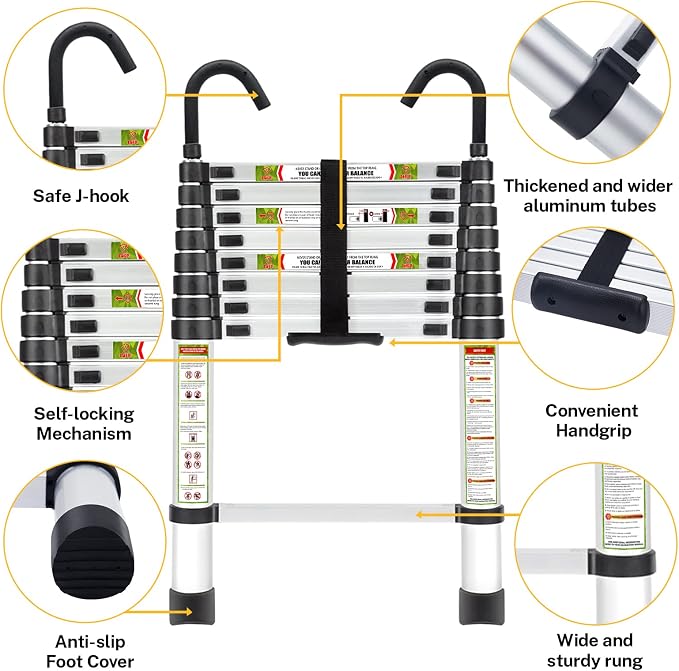 RIKADE Telescopic Ladder, 8.5 ft Aluminum Telescoping Ladder with Non-Slip Feet and Stable Hook, Portable Extension Ladder for Household and Outdoor Working, Max Load 330 lb, Aluminum