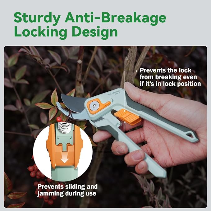 PrunePro 8" Professional Pruning Shears for Gardening Bypass Hand Pruner Stainless Steel Sharp Garden Scissors Plant Flower Rose Garden Clipper Green & Orange