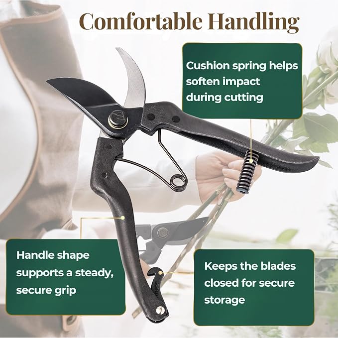 Wablade Japanese Pruning Shears Made in Japan, 7.9 Inch Bypass Hand Pruner for Live Branches up to 0.59 Inch, Forged Alloy Steel Blade Garden Shears for Clean, Controlled Cutting (Cusion-Spring Model)