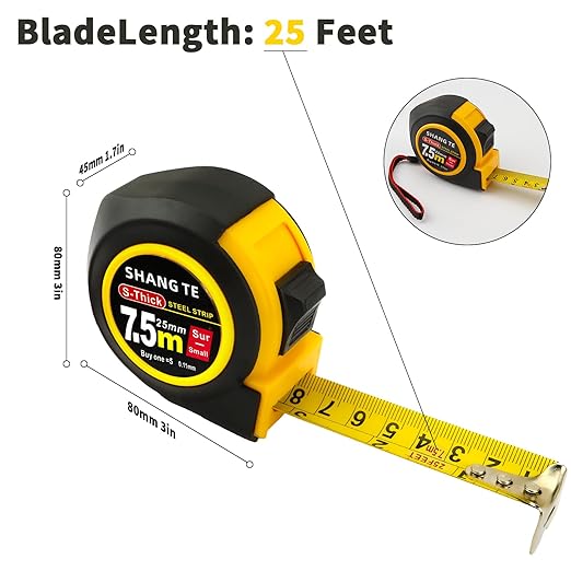 2 Packs Tape Measure 25 ft, Steel Measuring Tape Retractable, 25-Foot Basics Self-Locking Measurement Auto Lock Tape Rule Imperial/Metric Tape Measure for Body Measurements Handicraftsman