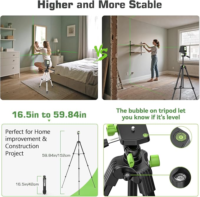Laser Level with 60in Tripod, Huepar 150°/150Ft Self Leveling Lazer Leveler Tool with Pulse Mode (197Ft), Switchable Green Cross Line for Picture Hanging, Tile, DIY/Construction Project