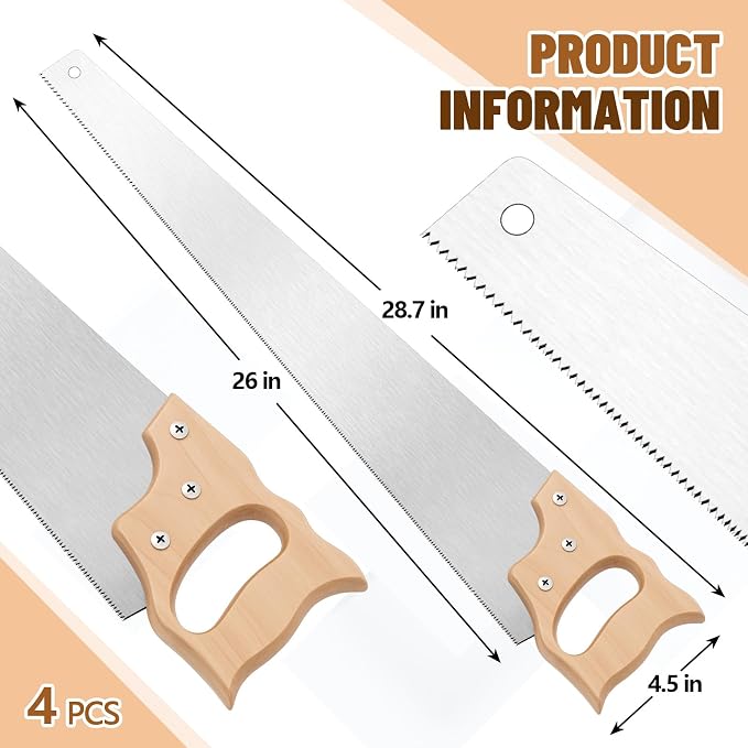 Gisafai 4 Pcs 26" Hand Saw 11-TPI Handsaw Woodworking Tools with Hardwood Handle for Wood Cutting Sawing Trimming Gardening