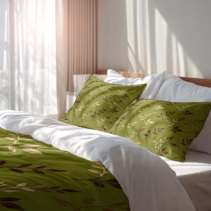 Batmerry Green Brown Leaves Full Size 100% Cotton Duvet Cover Sets, Art Plant Illustration Bedding Set with Zipper Closure Corner Ties, 3 Pieces (1 Cover + 2 Pillowcases No Comforter)