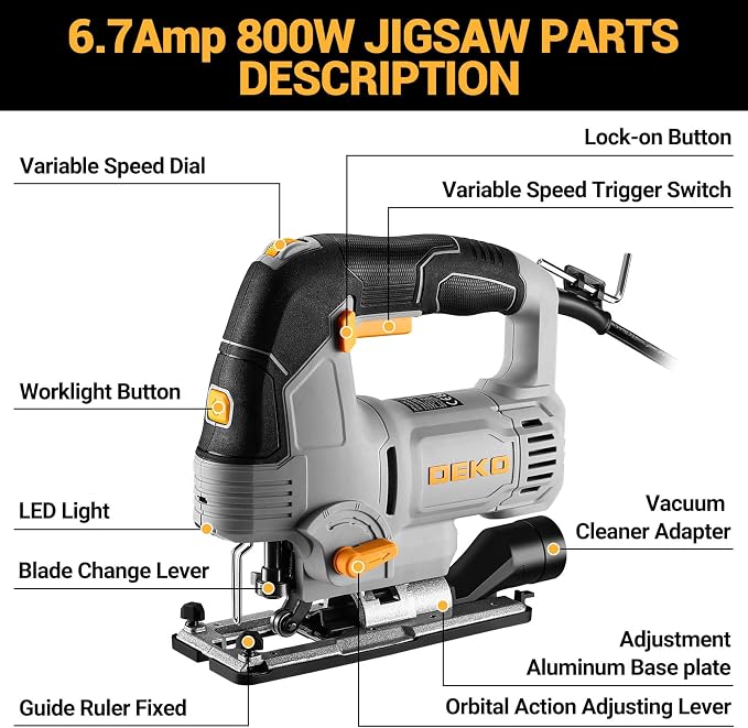 6.7-Amp Jig Saw Corded: Electric Jigsaw Tool Power Jig Saws for Wood Cutter with 6 Variable Speed Up to 3000 SPM, 4 Orbital Settings, LED Light & ±45° Bevel Cutting, Tool-Free Blade Change