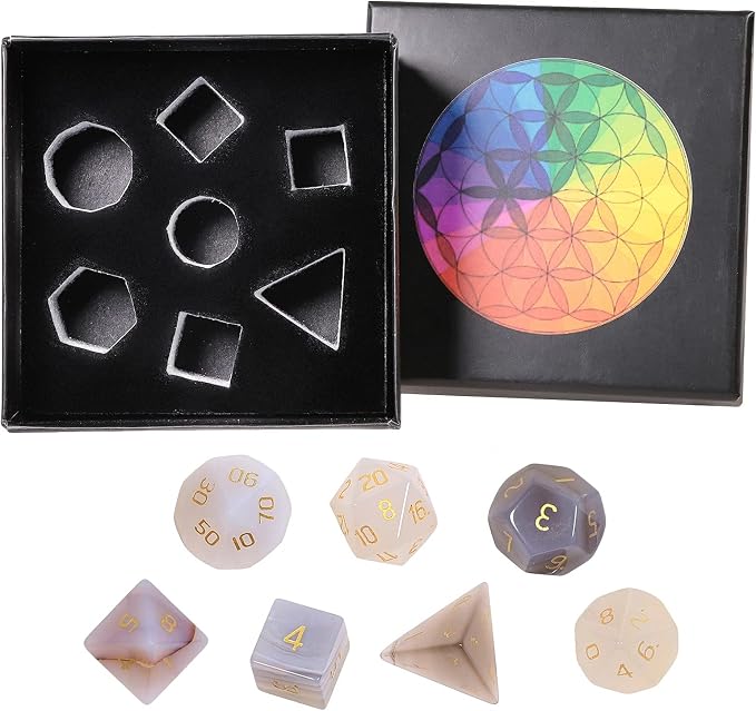 mookaitedecor 7 PCS Grey Agate Crystal Polyhedral DND Dice Set, Polished Tumbled Stones Dices for RPG MTG Table Games Home Decoration