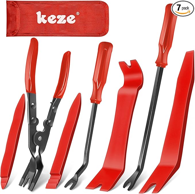 Keze 7 Pcs Auto Trim Removal Tool Kit for Car Panel Dashboard Door Clips and Upholstery with Plastic Pry Tool & Clip Pliers – No Scratch Design Professional Automotive Repair Tools Set, Red