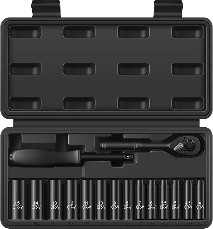 Reniteco 16-Piece 1/4" Drive Socket Set, Metric 4-15mm, 72-Tooth, Cr-V | Deep Sockets, 6-Point Design, 72-Tooth Ratchet Wrench, Drive Spinner Handle, Cr-V Steel, Ideal for Tight Spaces