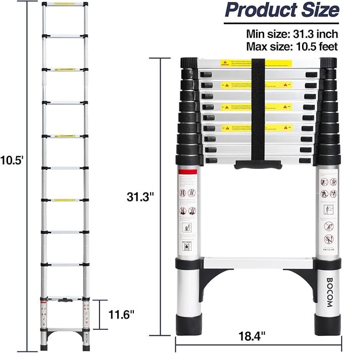 BOCOM 10.5 FT Aluminum Telescoping Ladder, Lightweight Multi-Purpose Collapsible Extension with 2 Triangle Stabilizers, Heavy Duty 330 lbs Max Capacity, Ideal for Home, RV, and Outdoor Work Silver