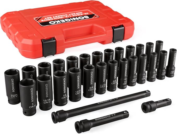 29-Piece 1/2" Drive Impact Socket Set，(3/8"-1", 10mm-24mm) | 6-Point Deep Standard SAE & Metric ,CR-V Steel Sockets with 3", 5", 10" Extension Bars and Storage Case