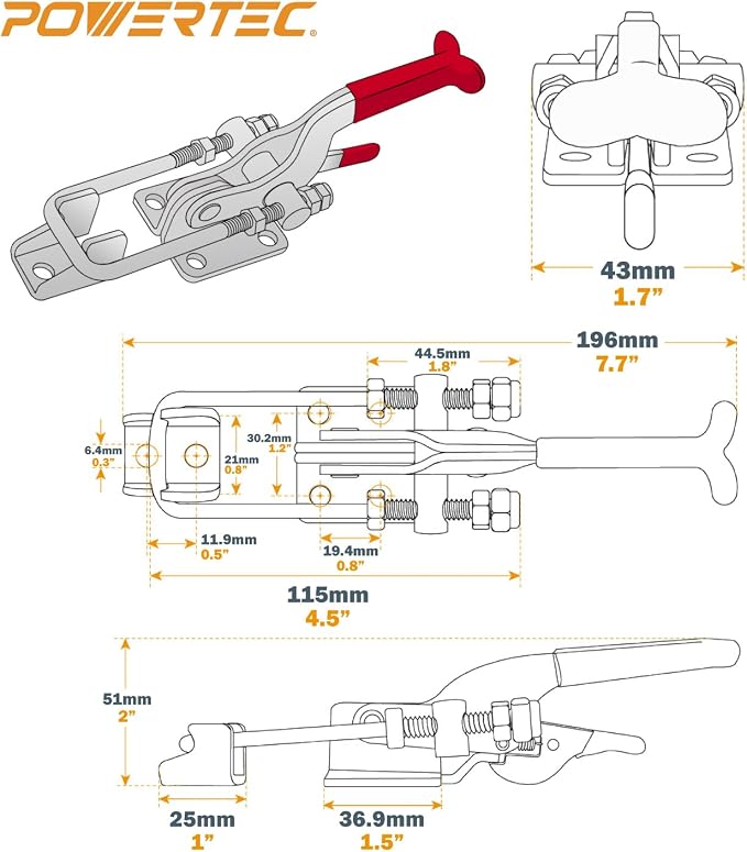POWERTEC 4PK Toggle Clamp, 700 lbs Capacity, 431 Self-Lock U-Bolt Adjustable Latch w/Antislip Hand Grip for Woodworking Jigs & Fixtures, Smoker, Tire Carrier, Tool Box, Cabinet (20341-P2)