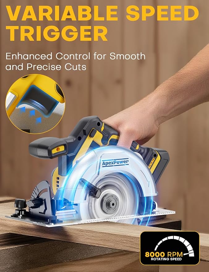Brushless 6-1/2 Inch Circular Saw, for DeWalt 20V Max Battery, 8000 RPM, 6.2 Lbs, Cuts 2-1/5" at 90°, 0-90° Bevel, with Rip Guide & Hex Wrench for Wood
