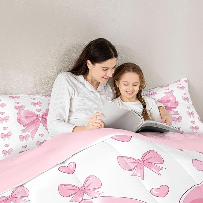 Feelyou Cute Pink Bow Bedding Set Soft for Boys Girls, Love Hearts Bowknot Comforter Set King Size Duvet Quilt Microfiber Bedroom Decor 3 Pcs with 2 Pillow Cases