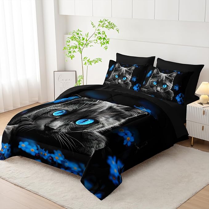 Black Cat Queen Comforter Set with Sheets,Animal Themed Cute Cat Bedding Set for Kids Toddler Girls Boys Room Decor,Blue Floral Bedding with Comforter,Fitted Sheet,Flat Sheet,Pillowcases.
