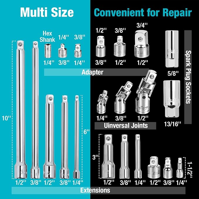 DURATECH 22-Piece Drive Tool Accessory Set with Extension Bars & Adapters | Cr-V Steel Accessories, Universal Joint Set, Spark Plug Socket Set, EVA Foam Storage Organization, Professional Tool Storage