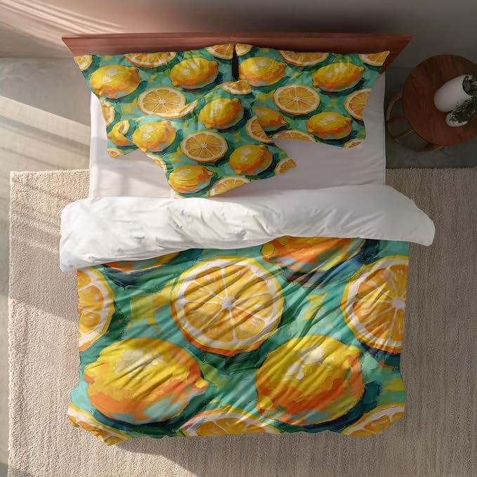 Batmerry Lemons Queen Size 100% Cotton Duvet Cover Sets, Impressionistic Lemon Pattern Bedding Set with Zipper Closure Corner Ties, 3 Pieces (1 Cover + 2 Pillowcases No Comforter)