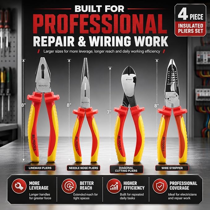 BILITOOLS High Leverage 1000V Insulated Pliers Set, Cr-Mo Electrician Tools