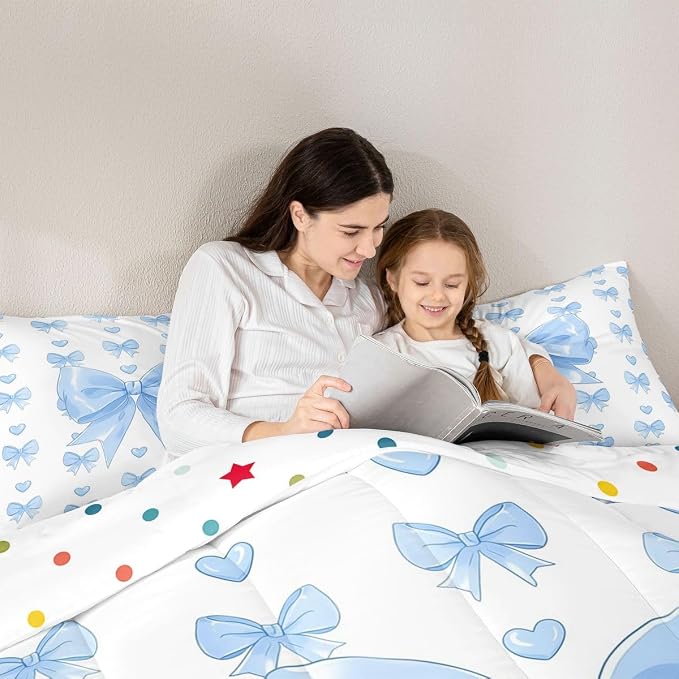 Feelyou Cute Blue Bowknot Kids Comforter Set Full Size Love Hearts Bow Bedding Set Girly Bow Duvet Quilt for Kids Boys Girls Bedroom Decor Microfiber Ultra Soft Breathable