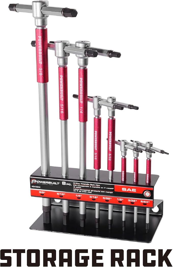 Powerbuilt 8 Pc SAE T-Handle Hex Allen Key Wrench Set w/ Speed Sleeves for Fast Spinning Action, Sliding Top Handle for “T” or “L” Shape, Long Shafts, Storage Rack, Auto, Bicycle, Moto - 941644 , Red