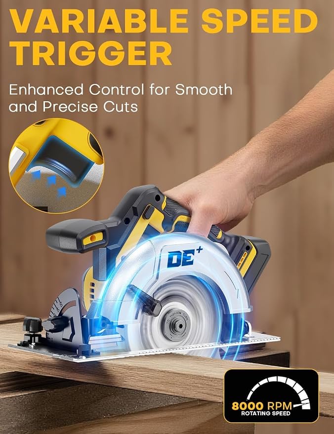Brushless Cordless Circular Saw, for DeWalt 20V Max Battery, 6-1/2 Inch Aluminum Alloy Blade, 8000 RPM, 6.2 Lbs Lightweight, Cutting Depth 2-1/5" (90°), 0-90° Bevel, Hex Wrench, Rip Guide for Wood PVC