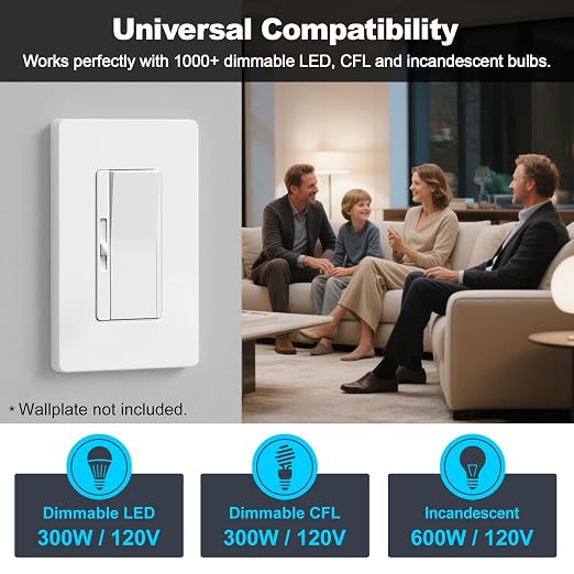 BESTTEN Super Slim Dimmer Light Switch for 300W Dimmable LED/CFL Lights and 600W Incandescent/Halogen, Single Pole/3-Way LED Slide Dimmer, ETL Listed