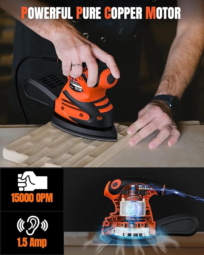 DWT Detail Sander, 1.5A 15000 OPM Electric Sander with 24pcs Sandpapers, Efficient Dust Collection System & Detail Finger Attachment, Soft Grip Handle, Compact Hand Sander for Woodworking