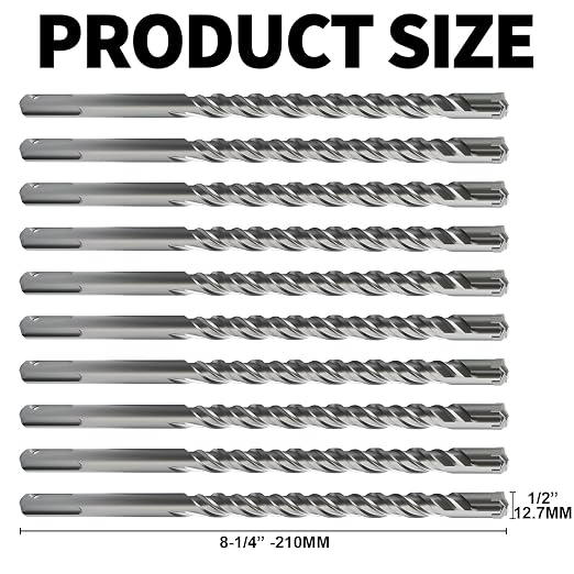 10PCS SDS Plus Rotary Hammer Drill Bits, (1/2"*8"-12.7mm*210mm) - 4 Carbide Cutting Edges, Ideal for Masonry| Heavy-Duty Masonry |Hammer Drill Bits for Precision Drilling