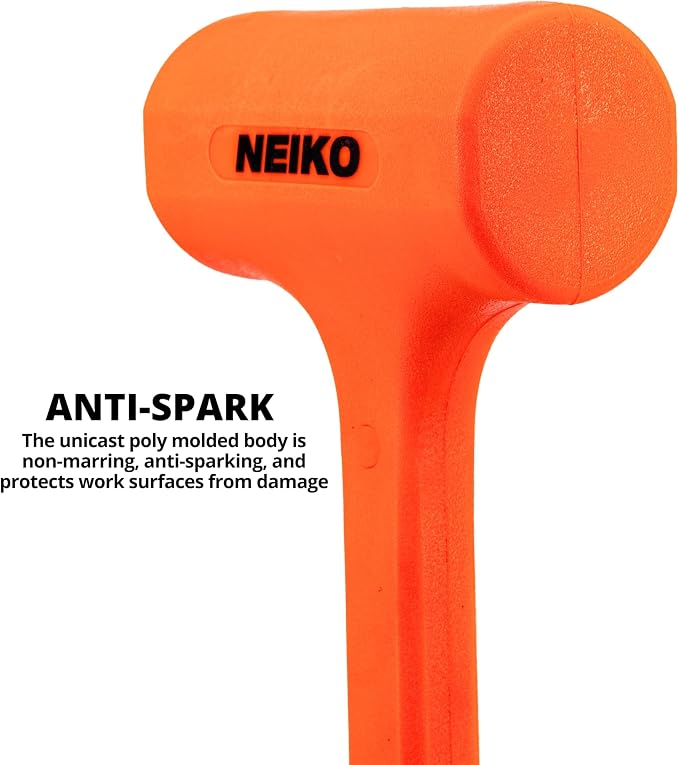 NEIKO 02843A Dead Blow Hammer, 1.5 Pounds, Neon Orange Deadblow Hammers, Mallet, Spark and Rebound Resistant, Unibody Molded, Soft Blow Rubber, Checkered Grip, Steel Shot and Core