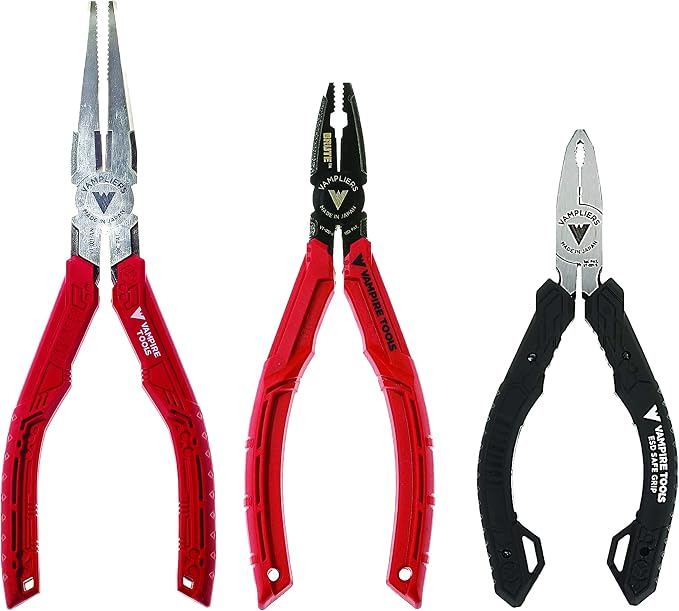 VAMPLIERS 3-PC Specialty Screw Extraction Pliers Set: Includes 7.5" Long Nose, BRUTE 6.25" Black Oxide Finish Pliers and 5" Mini ESD Safe Pliers. Made in Japan.