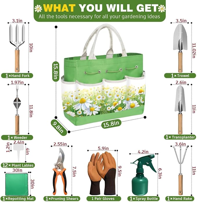 22Pcs Garden Tools Set for Women,Heavy Duty Hand Tool Kit,Gifts for Mothers Day Mom Beginner Gardening Essentials with Large Tote Bag/Repotting Mat/Trowel/Rake/Pruner/Gloves/Plant Tags-Green