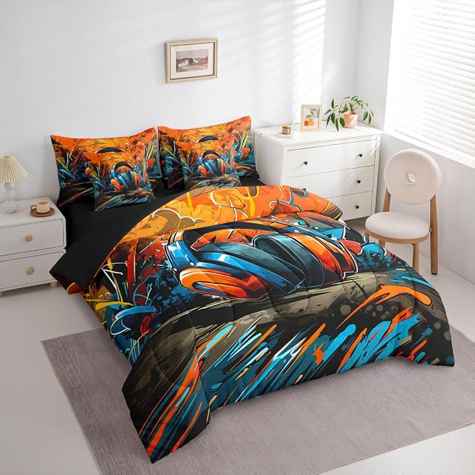 Erosebridal Gaming Headset Bed in a Bag King Size Comforter Set 7 Pieces | Graffiti Gamer Bedding Sets Doodle Style Comforter and Sheet Set, Gaming Headphones Bed Sets