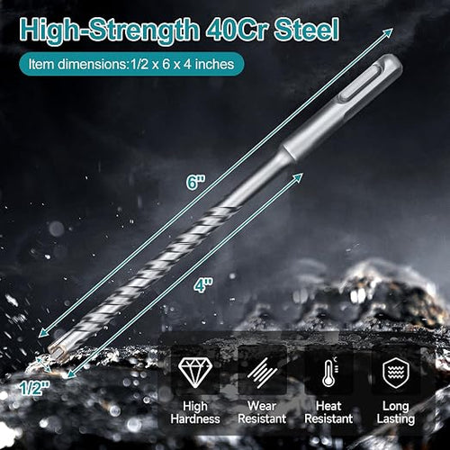 1/2 Inch x 6 Inch SDS Plus Rotary Hammer Drill Bit, Cross Tip Double Threaded Carbide Tipped for Concrete, Brick, and Stone (1/2" x 3.5" x 6")